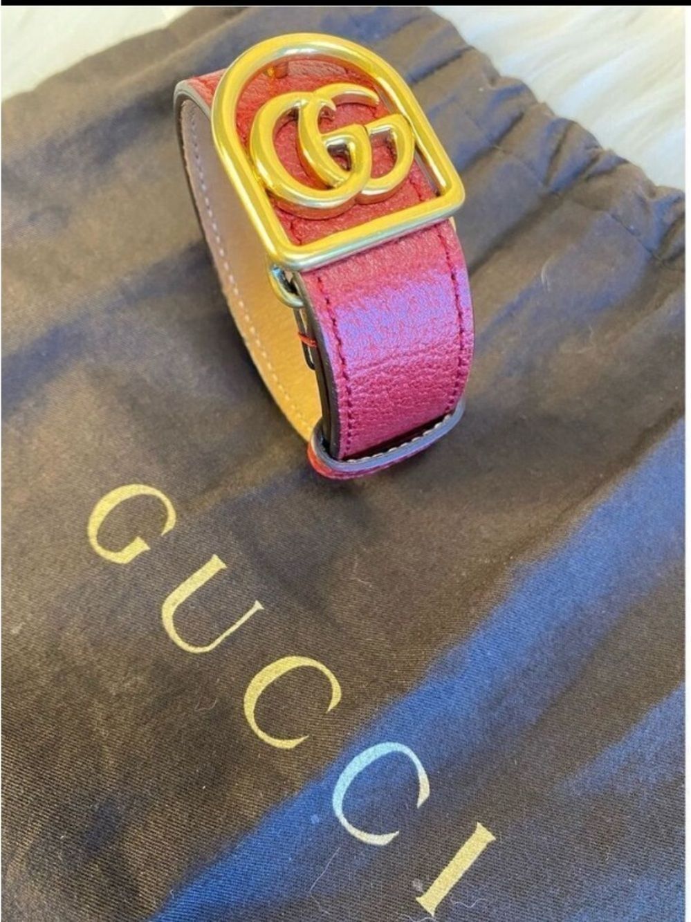 🛍️ Gucci Authentic Marmont Red Leather Cuff Bracelet with Double G Buckle